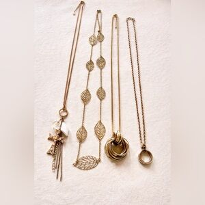 Gold Tone Necklace Bundle | ALDO Cross, Leaf Chain, Knot Pendant, Circle Pendant